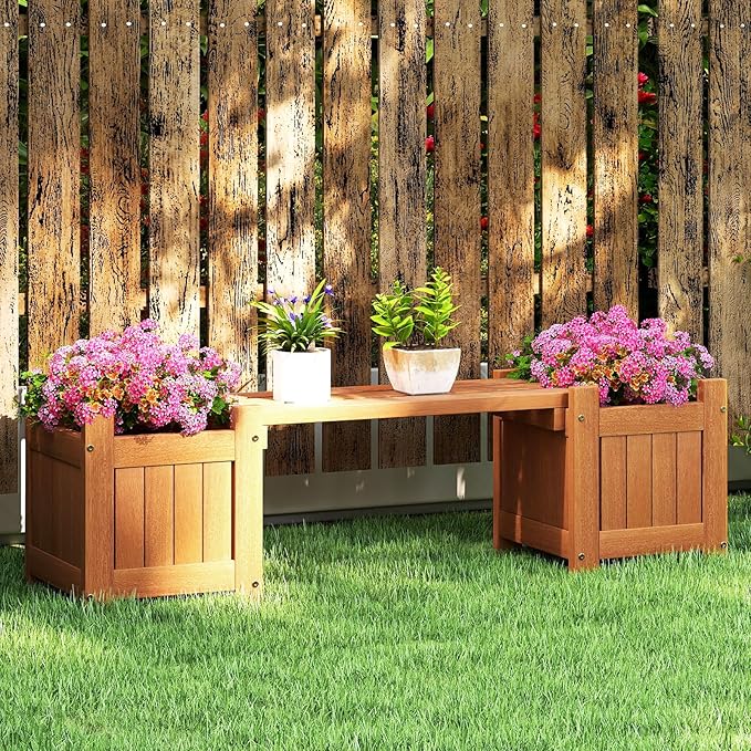 HAPPYGRILL Outdoor Bench with 2 Raised Garden Beds, 2-in-1 Outdoor Planter Box with Teak Oil Finish, Open-Ended Base, Wooden Garden Bench for Flowerpots, Indoor Patio Yard Porch Decoration (1)