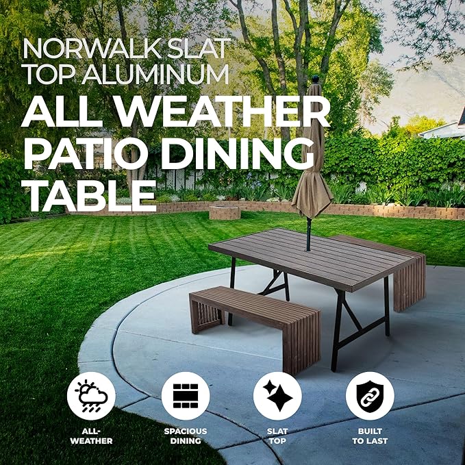 Four Seasons Courtyard Norwalk 40 x 70 Inch Rectangular Outdoor Dining Table All Weather Aluminum Slat Top for Backyard Decks and Patios, Taupe/Grey