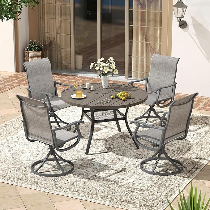VICLLAX 40.6" Round Patio Dining Table for 4, All Weather Metal Outdoor Table with 1.57" Umbrella Hole and Storage Shelf for Garden Lawn Deck, Grey