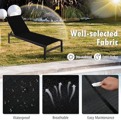 Giantex Patio Chaise Lounge Chair, Outdoor Sunbathing Chair Lawn Reclining Lounger with 6 Adjustable Position, Aluminium Frame, Outside Tanning Chairs for Deck,Yard, Pool Lounge Chairs (1, Black)