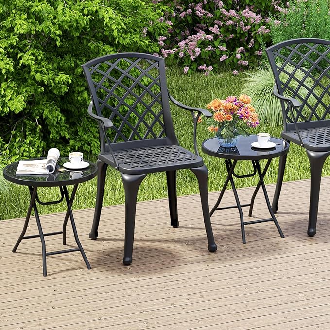 Tangkula Round Folding Side Table, 18 Inch Patio Coffee Table with Tempered Glass Tabletop and Metal Frame - Photo 2