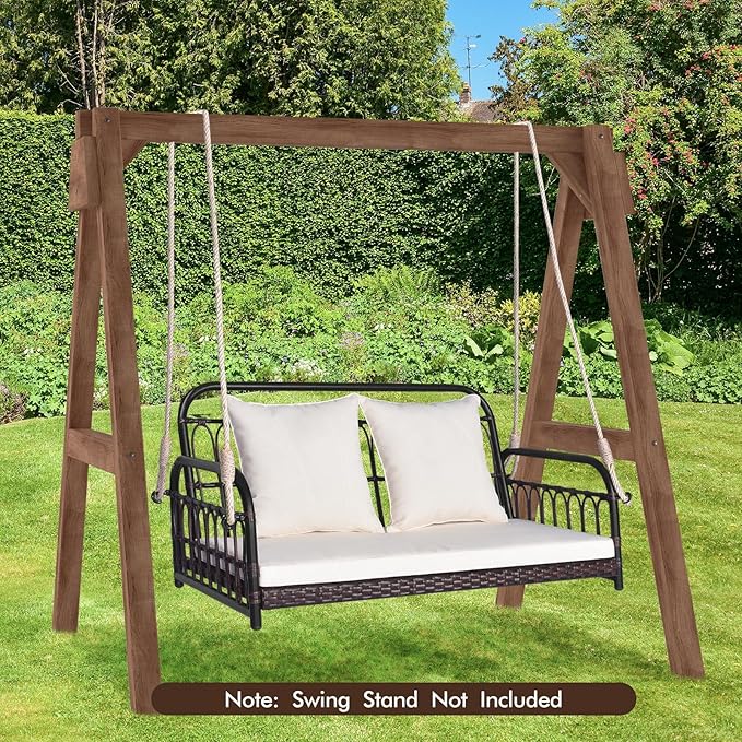 HAPPYGRILL Wicker Porch Swing, 2-Person Outdoor Patio Hanging Chair with Cushions, Metal Frame - Photo 2