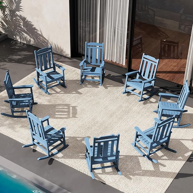 SERWALL HDPE Outdoor Rocking Chair Blue Set of 8, All Weather Patio Rocking Chair, Poly Rocking Chair for Adults