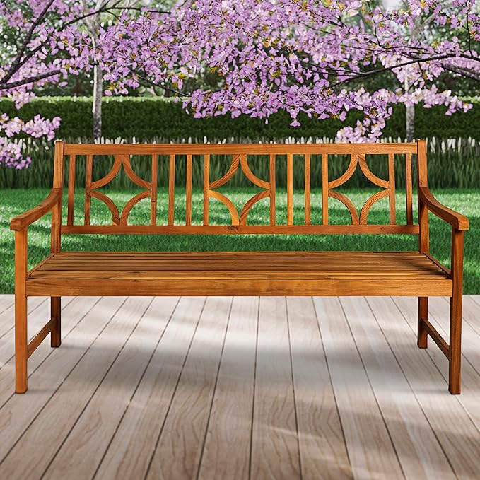 JONATHAN Y BNH100A Sloane 59.1" 3-Seat Ogee Diamond-Back 600-Lbs Support Acacia Wood Outdoor Garden Patio Bench for Garden, Lawn, Backyard, Pool, Deck, Beach, Firepit, Teak