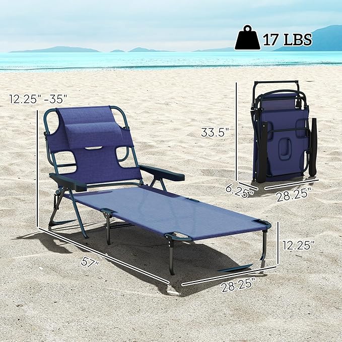 Outsunny Tanning Chaise Lounge Chair, 4-Position Beach Chair with Face & Arm Holes, Pillow headrest, Adjustable Sunbathing Chair, Navy Blue