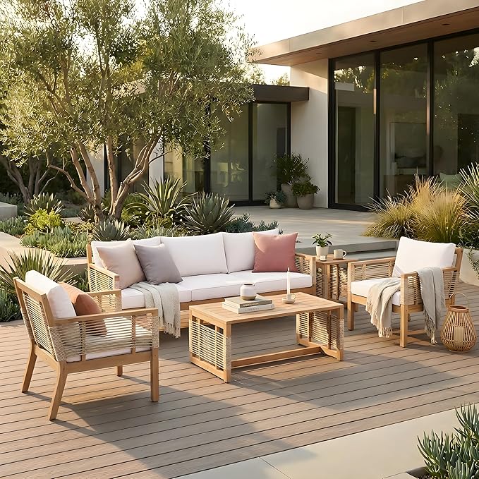 Merax Outdoor 5 Piece Patio Acacia Wood Conversation Set with Beige Cushions, Hand Woven Rope Design - Photo 1