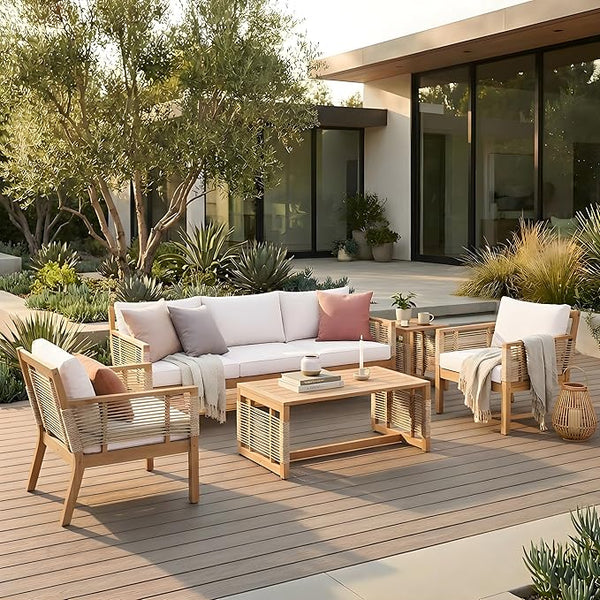 Merax Outdoor 5 Piece Patio Acacia Wood Conversation Set with Beige Cushions, Hand Woven Rope Design - Photo 1