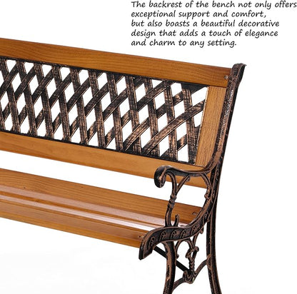 Gardenised QI003462L Outdoor Classical Wooden Slated Park Bench, Steel Frame Seating Bench for Yard, Patio, Garden, Balcony, and Deck