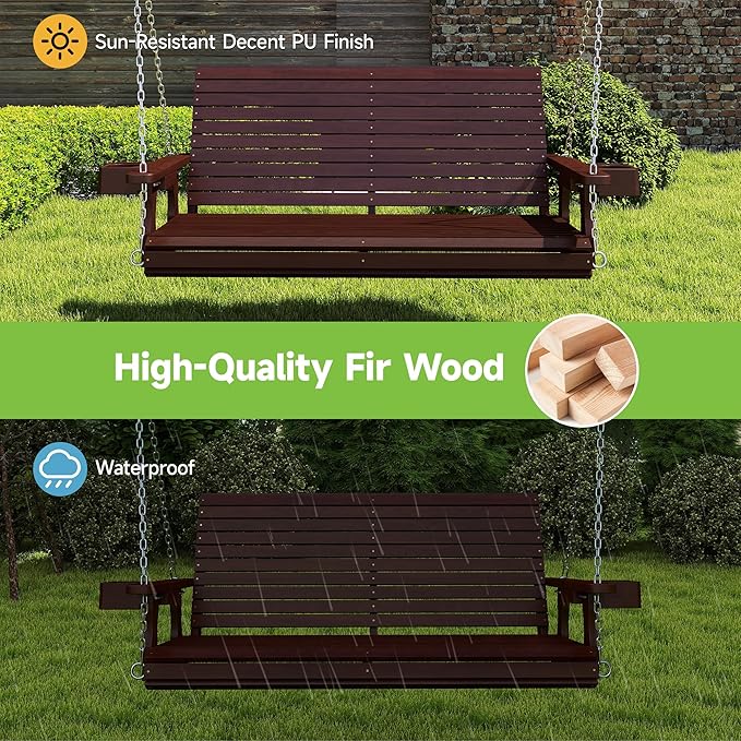 Real Relax Front Porch Swing, Wooden 2-Seater Outdoor Hanging Patio Swing Chair with Cup Holders - Photo 6