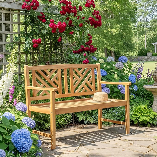 Tangkula Patio Acacia Wood Bench, 2-Person Outdoor Loveseat Chair, Cozy Armrest & Backrest, Sturdy Acacia Wood Frame, Outdoor Slatted Seating Bench for Backyard, Garden, 800 lbs Max Load