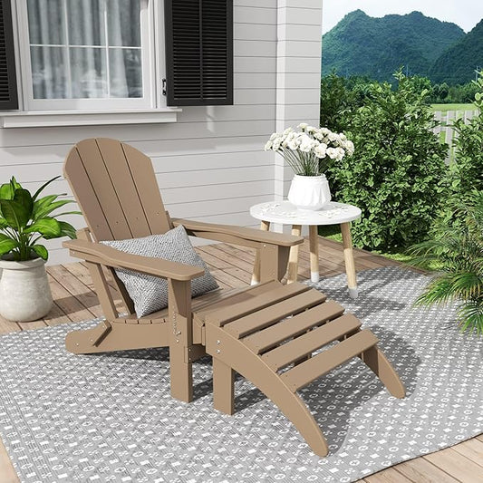 WestinTrends Malibu Outdoor Lounge Chair, 2-Pieces Adirondack Chair Set with Ottoman, All Weather Poly Lumber Patio Lawn Folding Chairs for Outside Pool Garden Backyard Beach, Weathered Wood