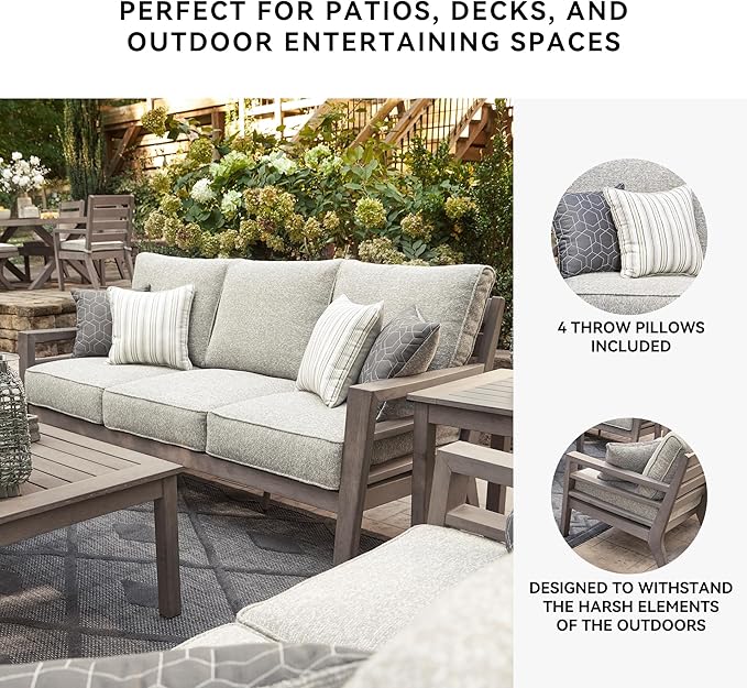 Signature Design by Ashley Hillside Barn Contemporary Nuvella Weather Resistant Fabric Outdoor Sofa with Cushion and 4 Throw Pillows, Light Brown & Light Gray