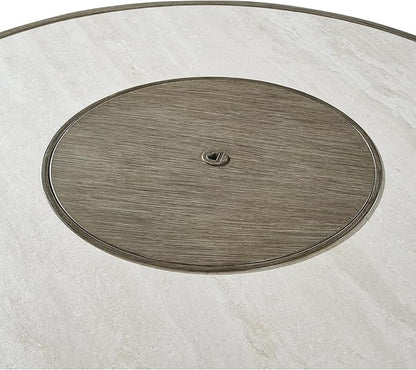 Signature Design by Ashley Rainier Ranch Contemporary Sintered Stone Tabletop Outdoor Fire Pit Table with Pedestal Base, Light Brown & Beige