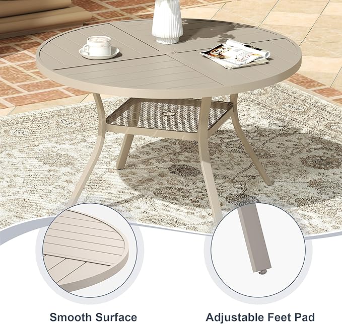 VICLLAX 47.2" Round Patio Dining Table for 4-6, All Weather Metal Outdoor Table with 1.57" Umbrella Hole and Storage Shelf for Garden Lawn Deck, Sandshell