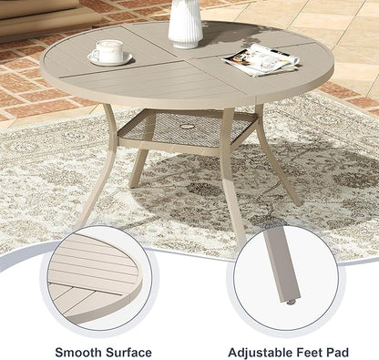 VICLLAX 40.6" Round Patio Dining Table for 4, All Weather Metal Outdoor Table with 1.57" Umbrella Hole and Storage Shelf for Garden Lawn Deck, Sandshell