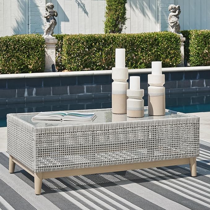 Signature Design by Ashley Seton Creek Casual Resin Wicker Outdoor Coffee Table with Tempered Glass Tabletop - Photo 2