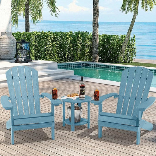 YEFU 3-Piece Adirondack Chair and Table Set: Outdoor Lounge Furniture Set - Outdoor Chair Plastic Weather Resistant with Wide Armrests for Patio Lawn Pool Porch Garden(Blue