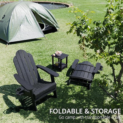 LUE BONA Folding Adirondack Chair Set of 5, Black HDPS Fire Pit Patio Chairs Weather Resistant, Modern Plastic Outdoor Chairs with Cup Holder