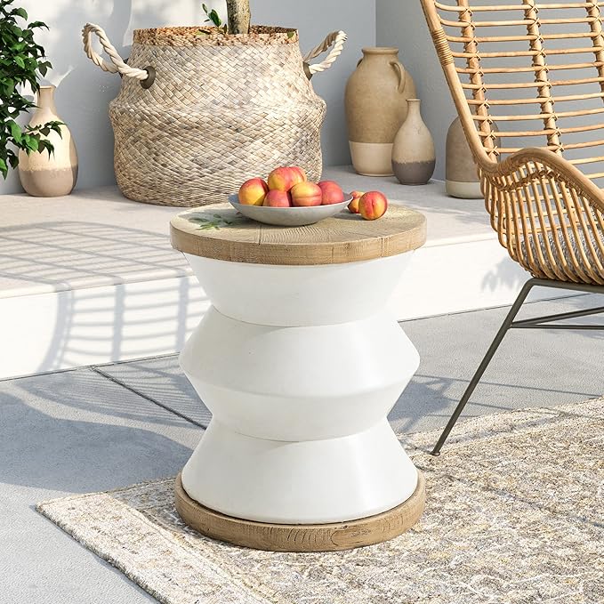 SUNBURY White Outdoor Side Table, 14" W Concrete Side Table Accent Table, Round Marble Drum Side Table, Garden Stool Plant Stand End Table for Patio, Deck, Poolside