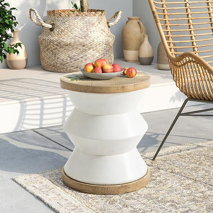 SUNBURY White Outdoor Side Table, 14" W Concrete Side Table Accent Table, Round Marble Drum Side Table, Garden Stool Plant Stand End Table for Patio, Deck, Poolside
