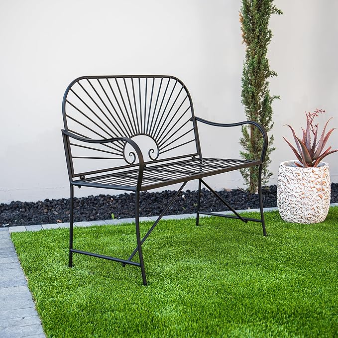 XBrand 44" L Iron Sun-Patterned Seat for Two, Patio & Porch Furniture for Park, Yard, Lawn, Balcony, Backyard – Black - Photo 2