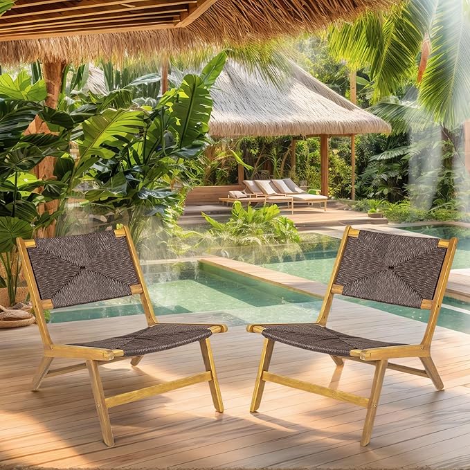 GDFStudio Acacia Wood Outdoor Lounge Chairs Set of 2, Weather-Resistant Natural PE Wicker - Photo 4