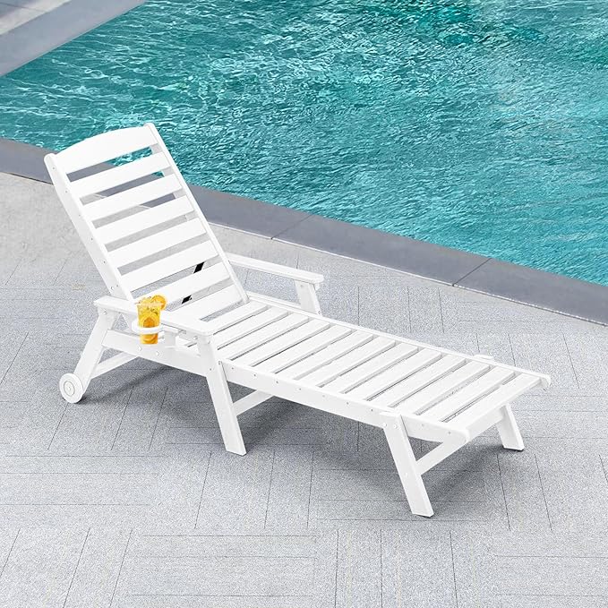 HDPE Patio Chaise Lounge Chair, 78.4'' Adjustable Outdoor Lounger, 5 Positions Poly Lounge Chair with Wheels & Cup Holder, HDPE Outdoor Patio Lounge Chairs for Backyard, Deck, Beach, Pearl