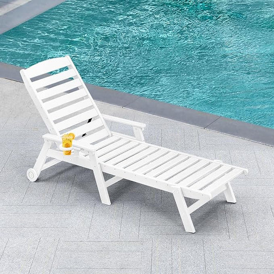 HDPE Patio Chaise Lounge Chair, 78.4'' Adjustable Outdoor Lounger, 5 Positions Poly Lounge Chair with Wheels & Cup Holder, HDPE Outdoor Patio Lounge Chairs for Backyard, Deck, Beach, Pearl