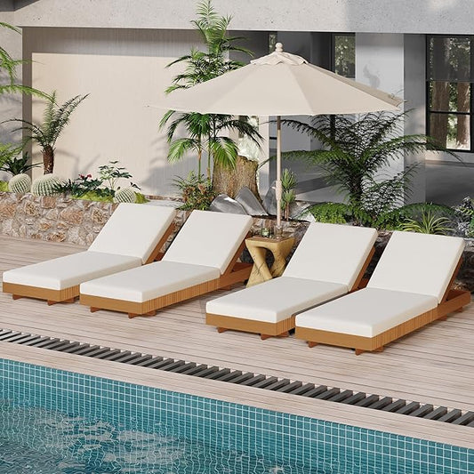 Merax 4-Piece Acacia Wood Chaise Lounge Set w/ 6-Position Adjustable Backrest & Cushion - Outdoor Patio Poolside Furniture, Beige