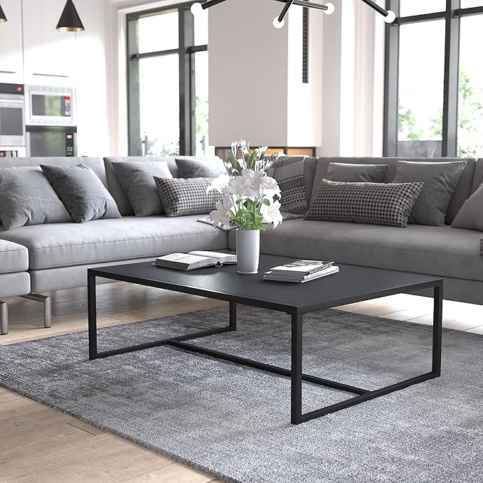 EMMA + OLIVER All-Weather Commercial Grade Indoor/Outdoor Steel Patio Coffee Table in Black