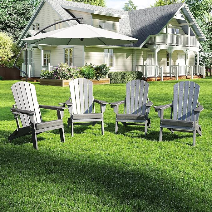 Folding Adirondack Chair Set of 4, HDPE Outdoor Patio Chair with Cup Holder, All Weather Plastic Lawn Chair with Wide Armrests, Portable Patio Chair for Backyard Deck Garden Fire Pit Poolside, Grey