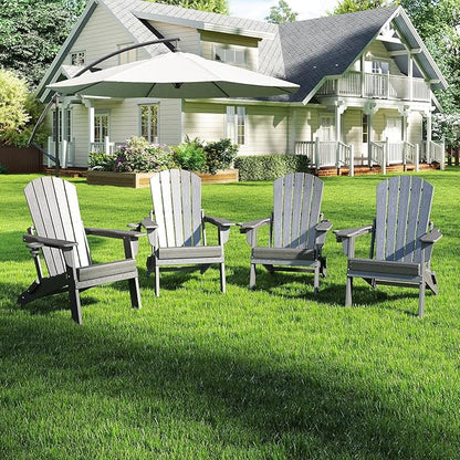 Folding Adirondack Chair Set of 4, HDPE Outdoor Patio Chair with Cup Holder, All Weather Plastic Lawn Chair with Wide Armrests, Portable Patio Chair for Backyard Deck Garden Fire Pit Poolside, Grey