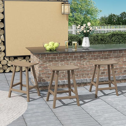 Costaelm All-Weather Bar Stools Set of 3, 24" Height Outdoor Bar Stools, Adirondack Poly Patio Bar Stool for Patio, Deck, Kitchen Counter and Garden, Weathered Wood