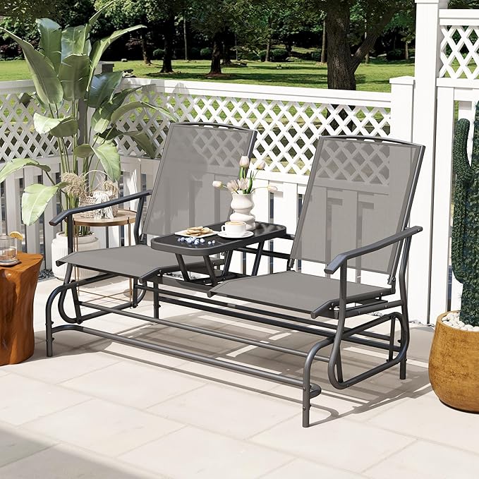 Tangkula 2 Person Swing Glider Chair, Patio Rocking Loveseat w/Center Tempered Glass Table - Photo 4