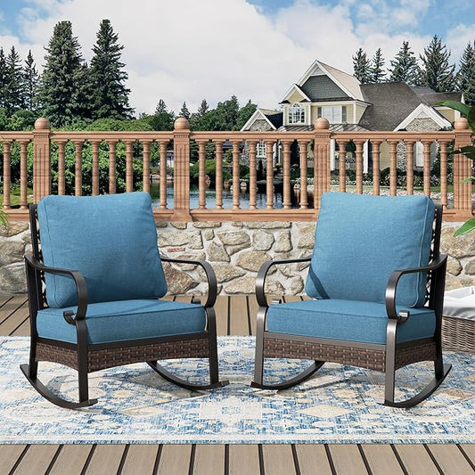 Outdoor Patio Rocking Sofa Chairs Set of 2 Steel Frame Porch Furniture with Deep Seating and 5.75" Cushions for Lawn Backyard Deck, Navy Blue