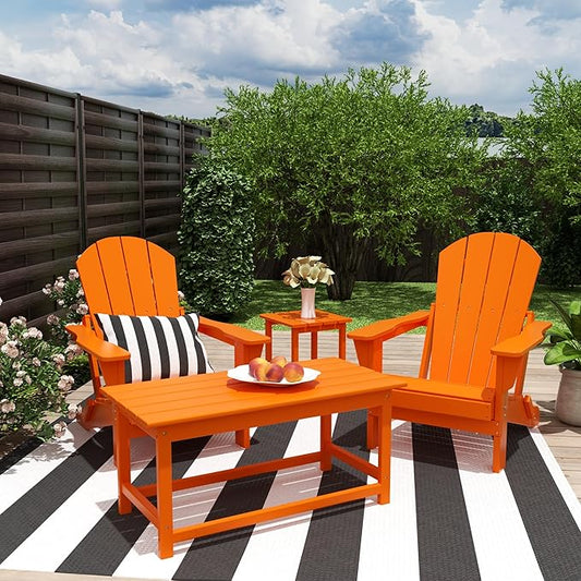 Costaelm 4-Piece Set Outdoor/Patio Poly Adirondack Chairs with a Coffee and a Side Table (2 Seater), Orange