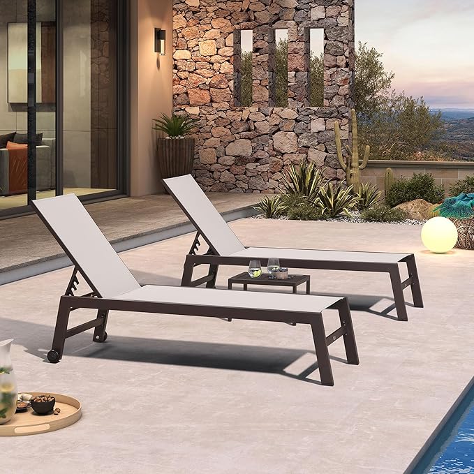 PURPLE LEAF Outdoor Chaise Lounge Chair Set of 3, Patio Lounge Chair for Outdoor, Aluminum Patio Chaise Lounger with Adjustable Backrest and Wheels for Outside, Lawn, Garden, Linen