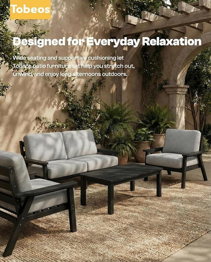 Patio Furniture Set, HDPE Outdoor Sofa Set with Gray Washable Cushions, Patio Conversation Sets for Lawn, Garden, Porch, Balcony & Deck, Durable Outdoor Sectional Furniture (Black Frame)