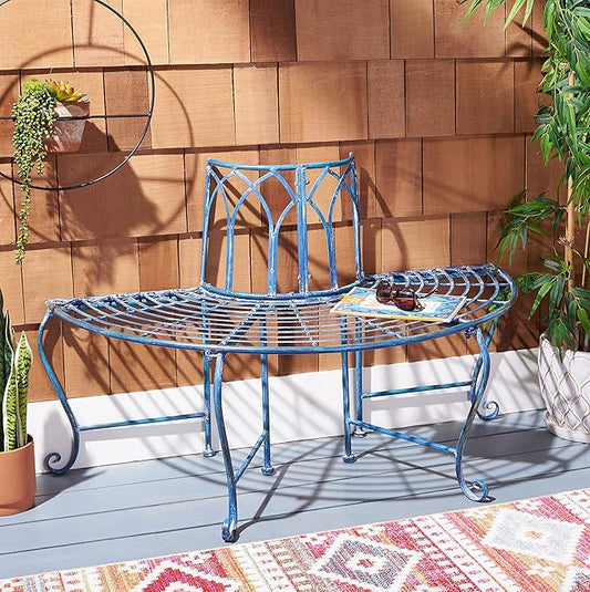 SAFAVIEH Outdoor Furniture Collection – Abia Antique Blue Distressed Wrought Iron 50-Inch Curved Tree Bench, Garden & Patio Seating (PAT5018C)