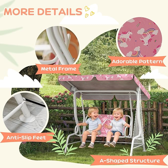 Qaba Kids Patio Swing, 2-Seater Outdoor Porch Swing Chair with Adjustable Canopy, Safety Belt, Unicorn & Rainbow Pattern Hanging Swing Bench for Garden, Backyard, Pink