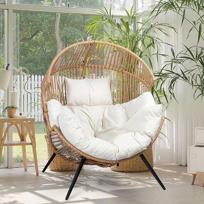 JAMFLY Wicker Egg Chair - Rattan Patio Chair with Cushion, Indoor-Outdoor Lounge Egg Basket Seat for Living Room - Photo 1
