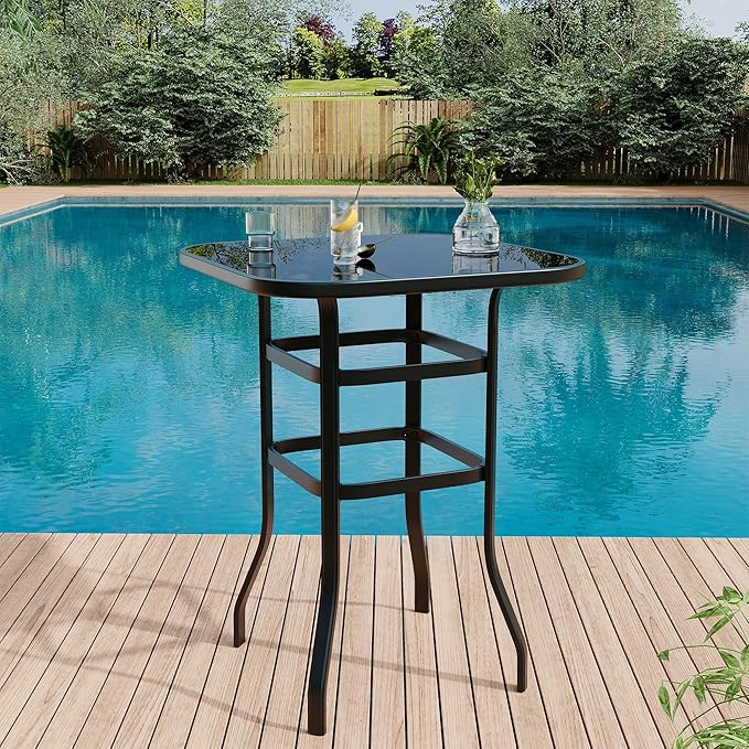 IDEALHOUSE 5 PCS Outdoor Bar Height Dining Set, 4 Swivel Bar Stools with 1 High Top Glass Table, All-Weather Metal & Textilene Patio Furniture Set for Backyard, Porch, Balcony, Poolside, Garden