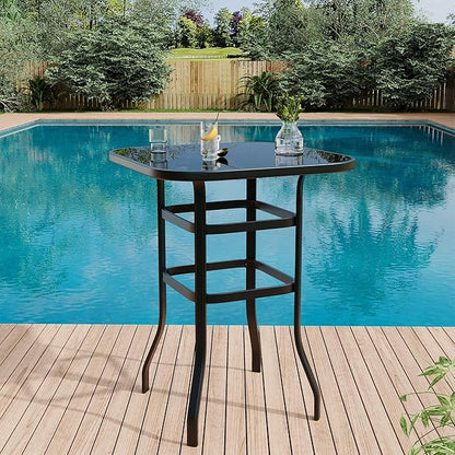 31.5 Inch Outdoor Patio Bar Table with Tempered Glass Top, Square High Top Pub Table All Weather Metal Frame for Balcony, Backyard, Poolside, Garden Furniture