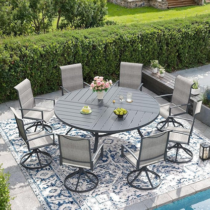 DIFY 59.8" Round Outdoor Patio Dining Table for 8-10, All-Weather Metal Steel Slatted Patio Table with 1.57" Adjustable Umbrella Hole for Garden, Backyard, Deck, Grey