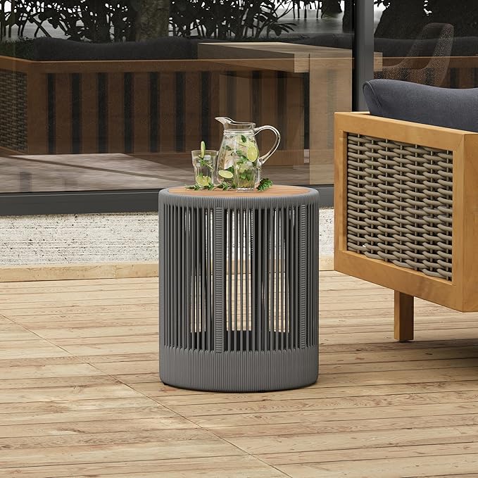 15" Outdoor Rustic Side Table,Rattan Rope & Acacia Wood End Table with Round Top & Iron Frame, Easy Assembly, Versatile Weather-Resistant Patio Furniture for Garden, Yard, Balcony, Gray Teak