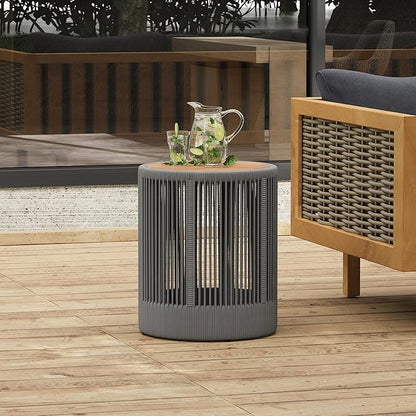 15" Outdoor Rustic Side Table,Rattan Rope & Acacia Wood End Table with Round Top & Iron Frame, Easy Assembly, Versatile Weather-Resistant Patio Furniture for Garden, Yard, Balcony, Gray Teak