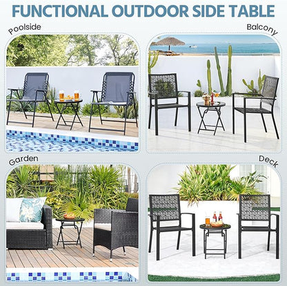 Yaheetech Outdoor Folding Side Table, Round Patio Folding End Table with Silk Tempered Glass Tabletop, Portable Small Garden Bistro Table for Garden Balcony Porch Deck, Black