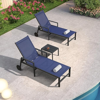 PURPLE LEAF Patio Chaise Lounge 4 Pieces Aluminum Recliner Chair with Wheels and Armrests Lounger for Pool Lawn Navy Blue Outdoor Lounge Chair
