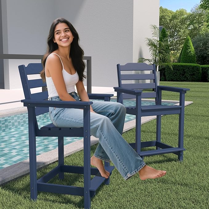 Tall Adirondack Chair, All Weather Resistant Adirondack Bar Stools for Patio, Lawn, Garden, Swimming Pool, Modern Adirondack Chair, (Navy Blue, 2PCS)