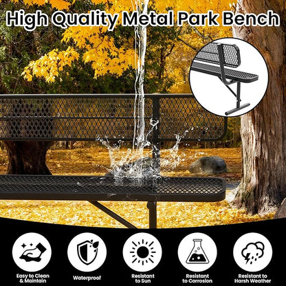 4 FT Heavy Duty Metal Park Bench for Outside, Outdoor Benches Weatherproof Black Bench with Backrest & Portable Frame, 1-3 Person Seat-Commercial Benches Garden Benches for Outdoors
